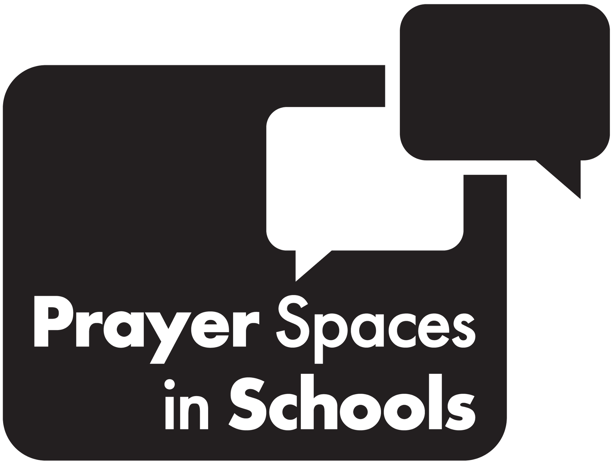 Black and white graphic showing two overlapping speech bubbles and the words “Prayer Spaces in Schools” in bold, modern font.
