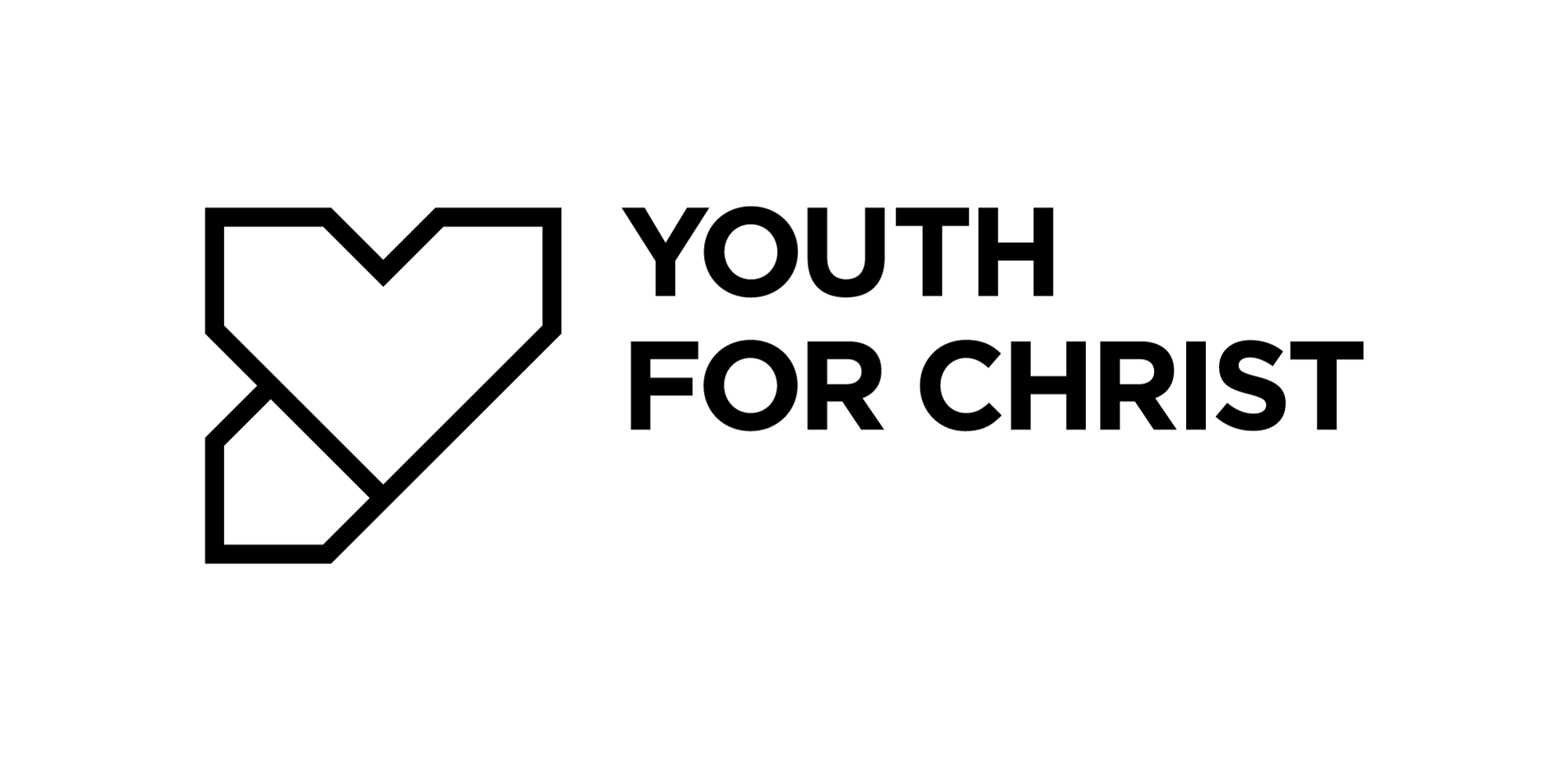 A geometric heart outline is on the left, with bold black text "YOUTH FOR CHRIST" to the right, all on a light gray background.