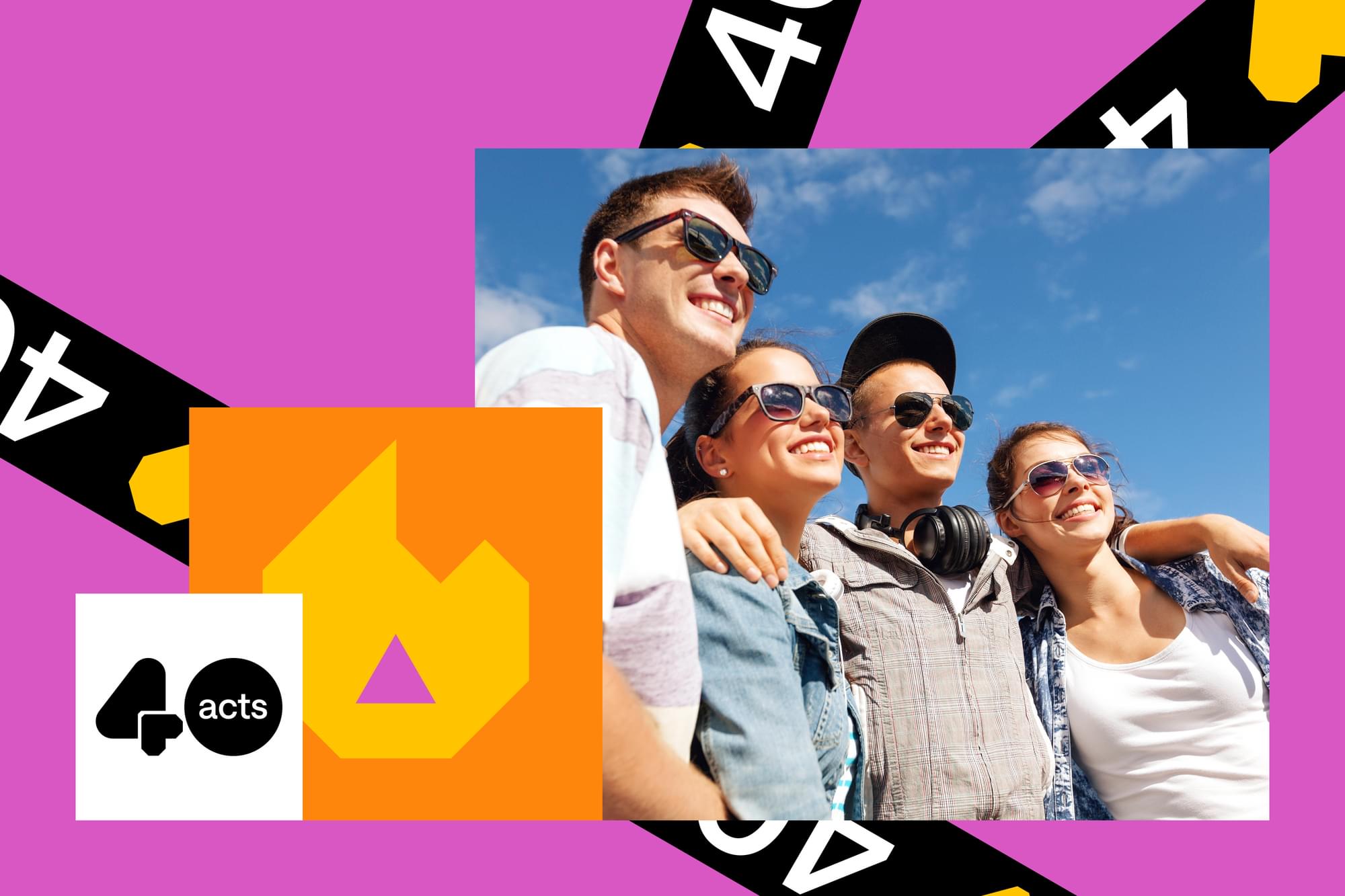 A group of four smiling people wearing sunglasses pose together under a clear blue sky. The background is a vibrant pink with black and yellow geometric designs. The text "4 acts" appears on a white circle in the lower left corner.