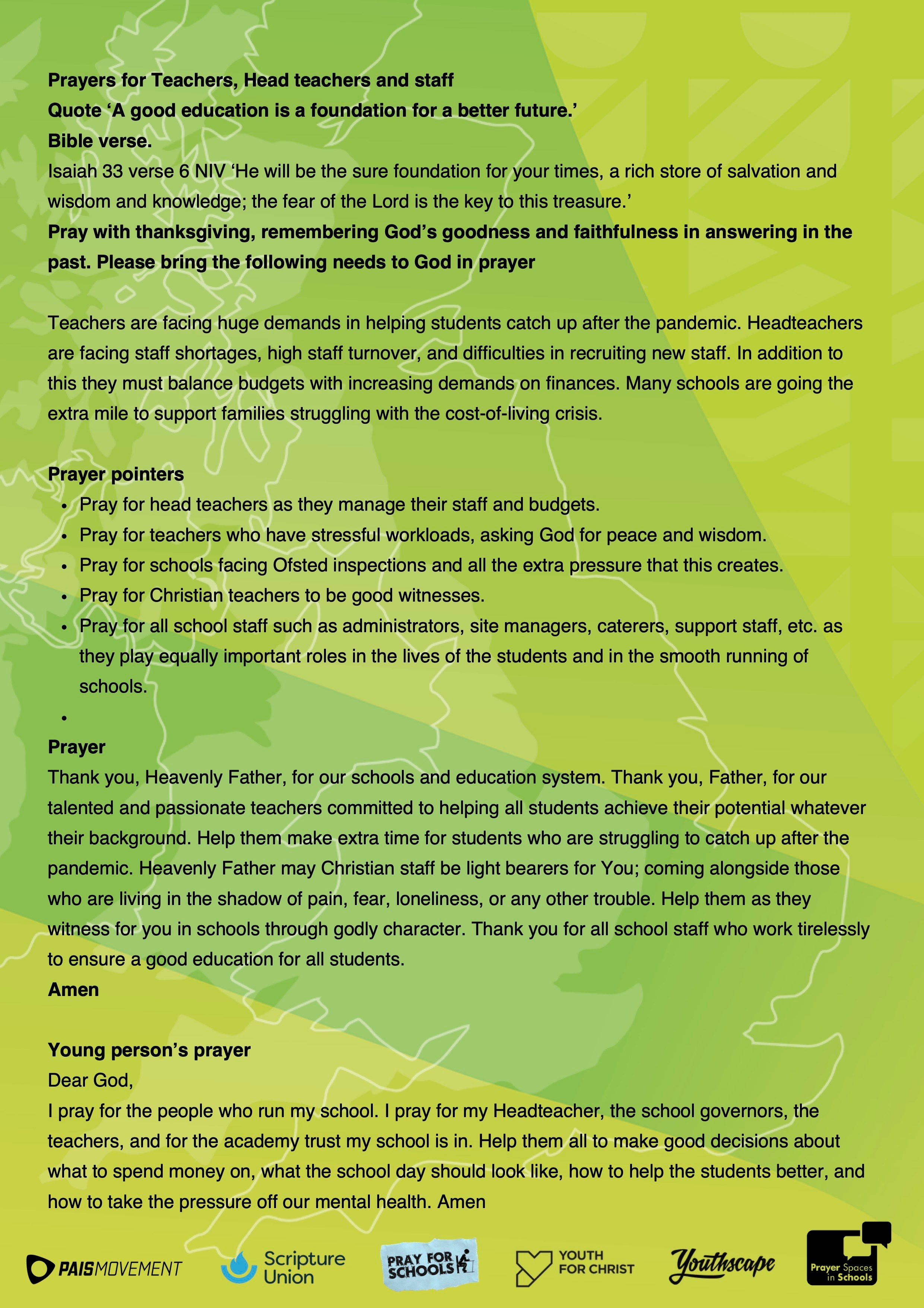 Prayers for Teachers, Head teachers and staff Prayers for Teachers, Head teachers and staff
