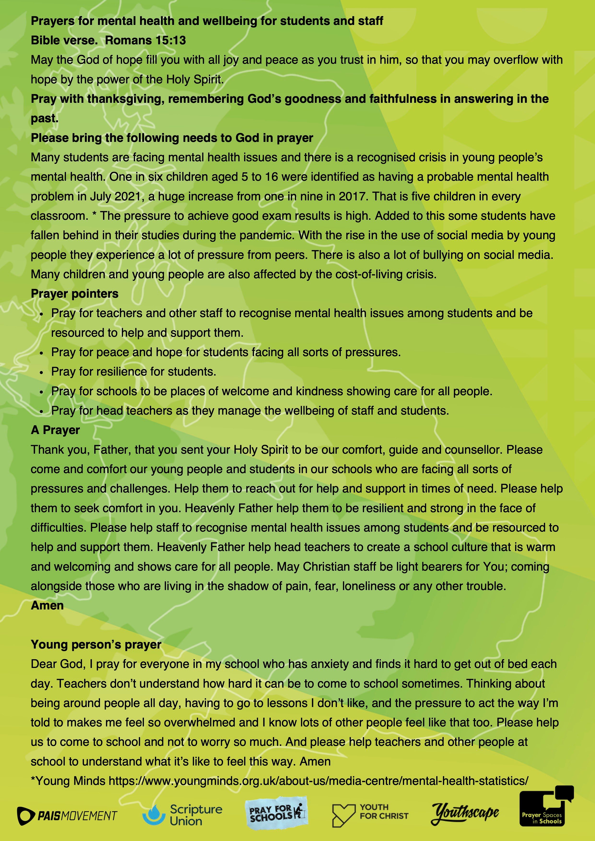 Prayers for mental health and wellbeing for students and staff Prayers for mental health and wellbeing for students and staff
