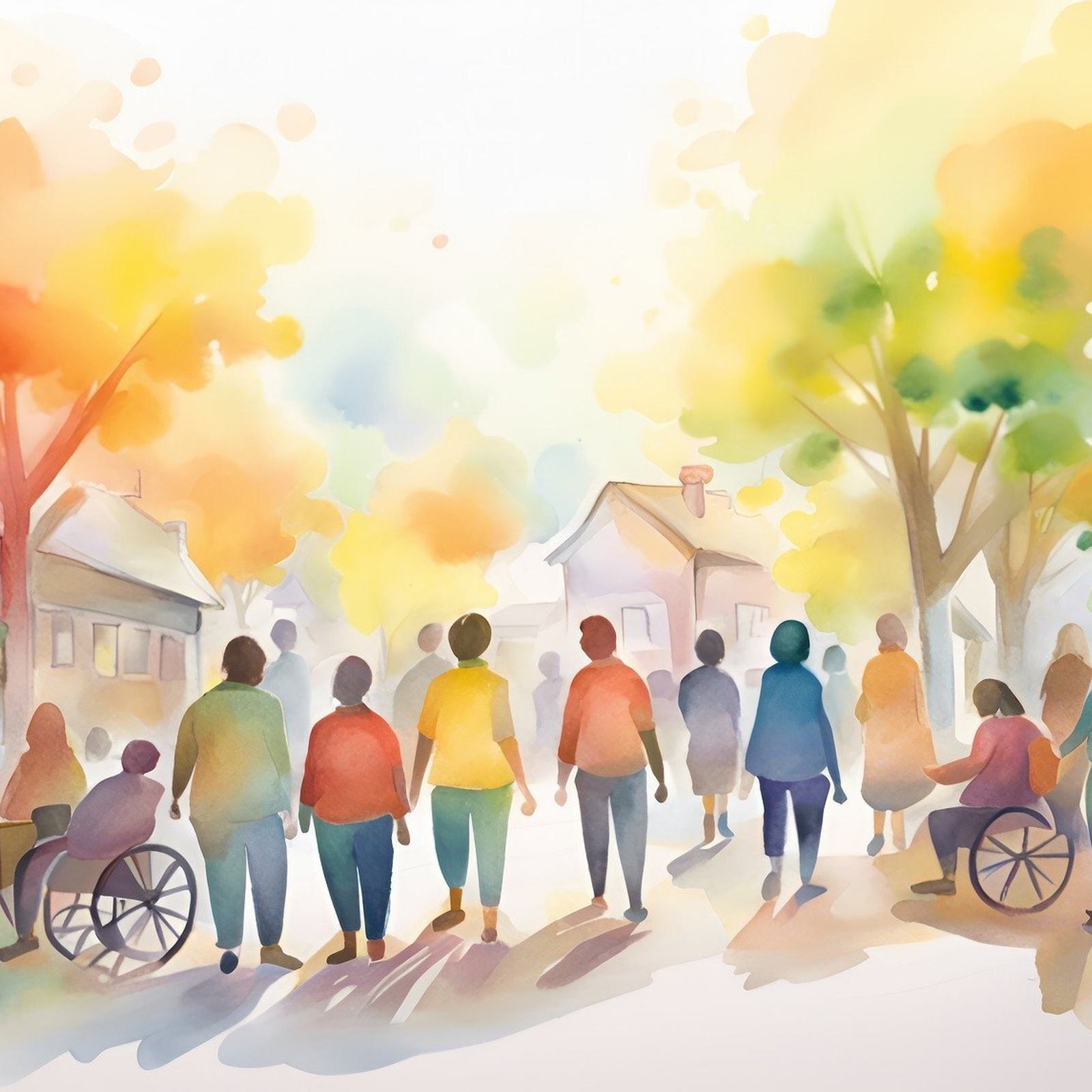 an ai generated scene of a street with people gathered to represent inclusion and community